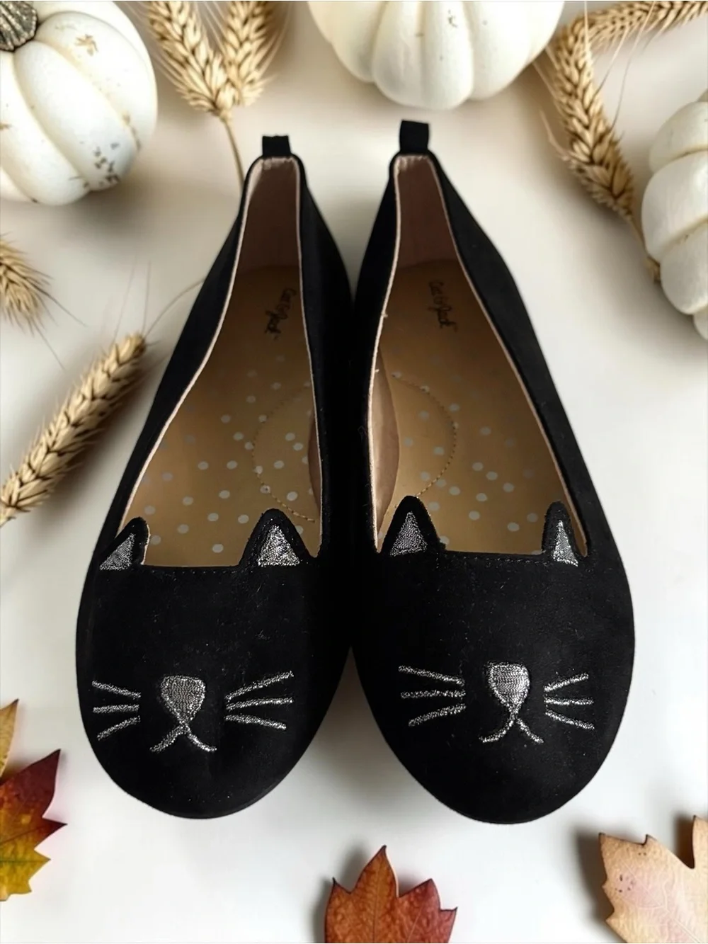 Cat & Jack Big Girls Size 4 Black Cat Face Flats EUC